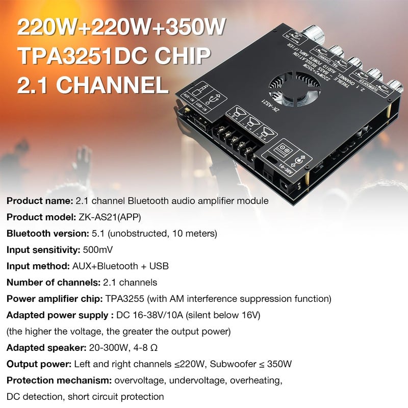 Hosyond ZK-AS21 TPA3255 Bluetooth 5.1 Power Amplifier Board HiFi 2.1 Channel 220Wx2+350W Digital Audio Receiver AMP Board with Treble and Bass Control for DIY Speakers - Image 5